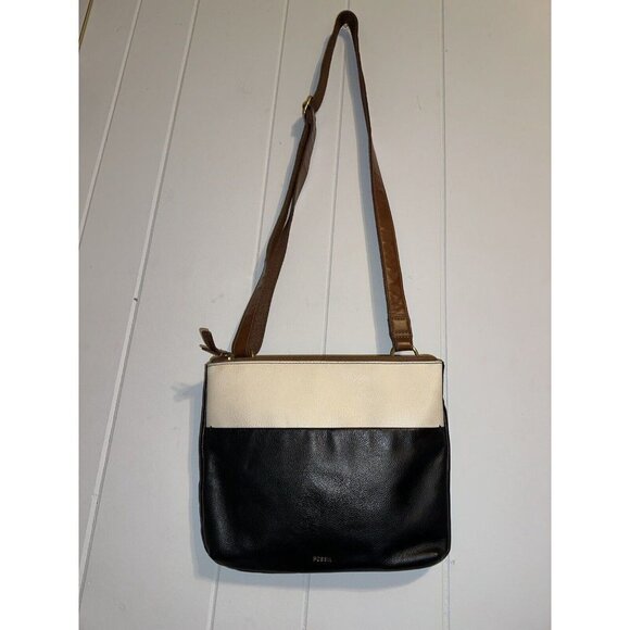 Fossil Colorblock Crossbody Bag Black Cream Leather Messenger Adjustable Strap - Picture 2 of 11